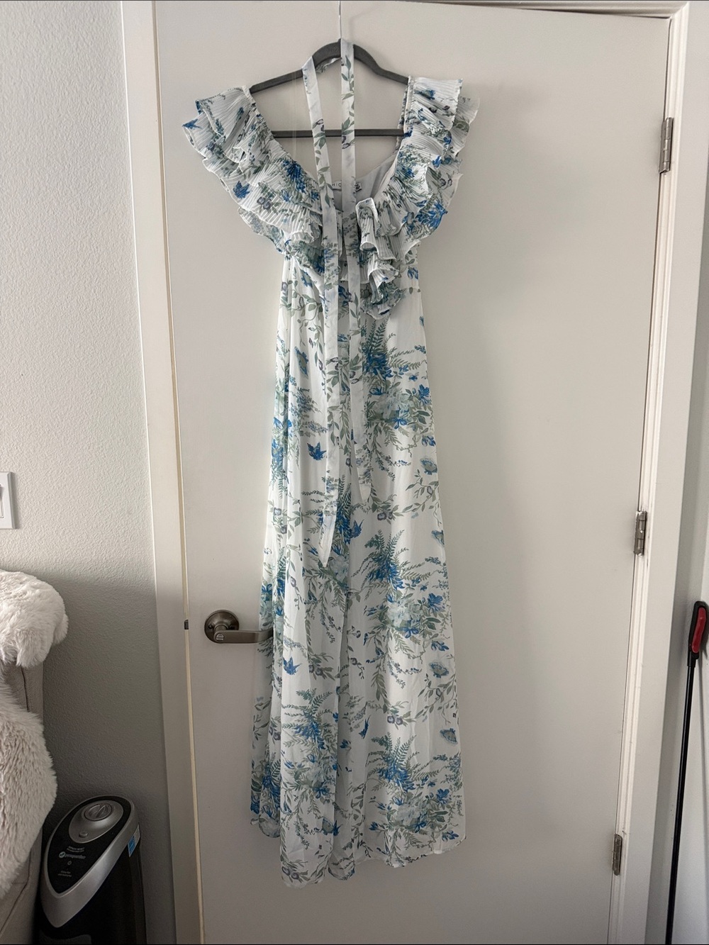 Floral Ruffled Maxi Jumpsuit in White w/ Purple, Blue and Green florals